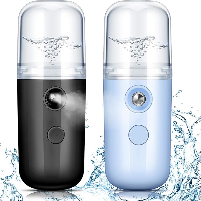 Honoson 2 Pieces Nano Facial Mister 30 ml Mini Face Humidifier Portable Facial Sprayer USB Rechargeable Handy Skin Care Machine for Face Hydrating, Daily Makeup (Black and Blue)
