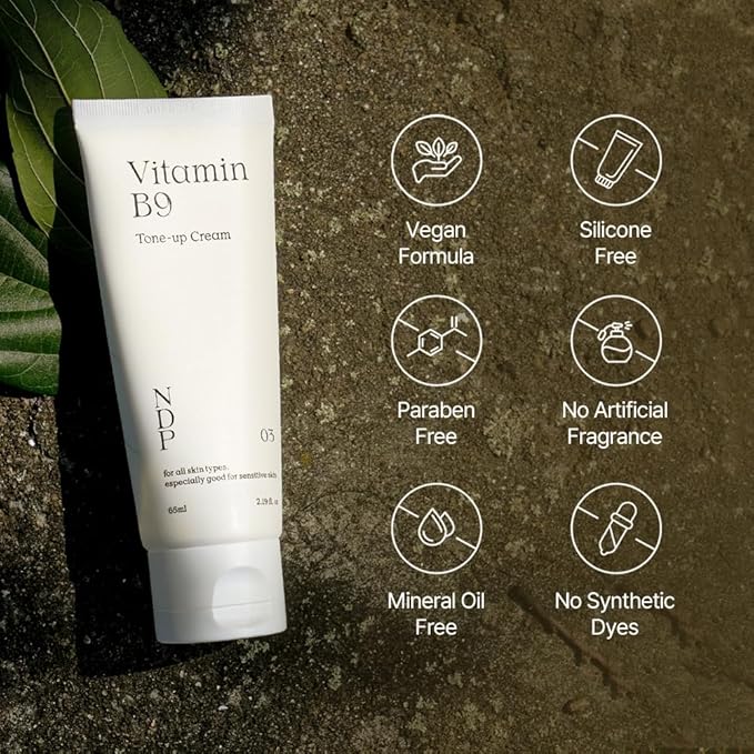 NDP Vitamin B9 Tone-up Cream, Silicone Free Face Primer for Pore Minimizing, 95% Pure Cica Extract, Breathable Skin Formula, Glass Skin & Lightweight, Vegan Clean K-Beauty (65ml / 2.19 Fl Oz)