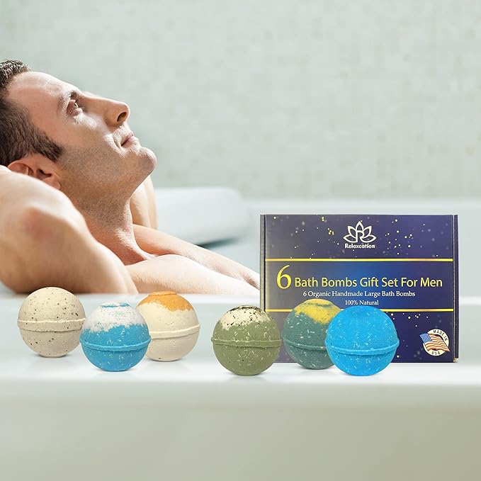 Organic Bath Bombs Gift Set for Men - Vegan Natural Ingredients - Absolutely Safe for Men - Relaxing Epsom, Himalayan, Dead Sea Salts & Essential Oils - Made in The USA