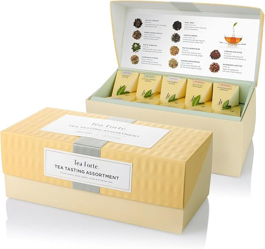 Tea Forte Tea Tasting Assortment Presentation Box Tea Gift Set Sampler, 20 Count 2 of Each Variety Individually Wrapped Handcrafted Pyramid Infuser Bags