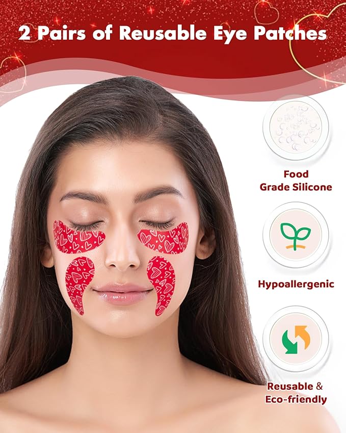 2 Pairs Reusable Under Eye Wrinkle Patches Silicone Mask, Plump Fine Lines & Wrinkles, with Metal Eye Cream Applicator, Tin Case, Valentine's Day Red