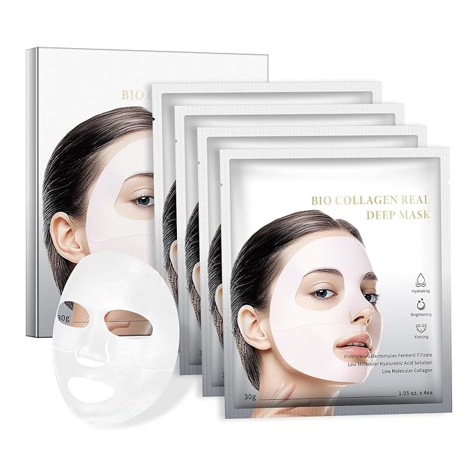 IREV Bio-Collagen Face Mask Deep Overnight Hydrating Face Mask for Wrinkles Selfcare Sheet Skin Care Facial Treatments & Masks for Women Firming and Moisturizing Elasticity Anti-Wrinkle 4 Pack