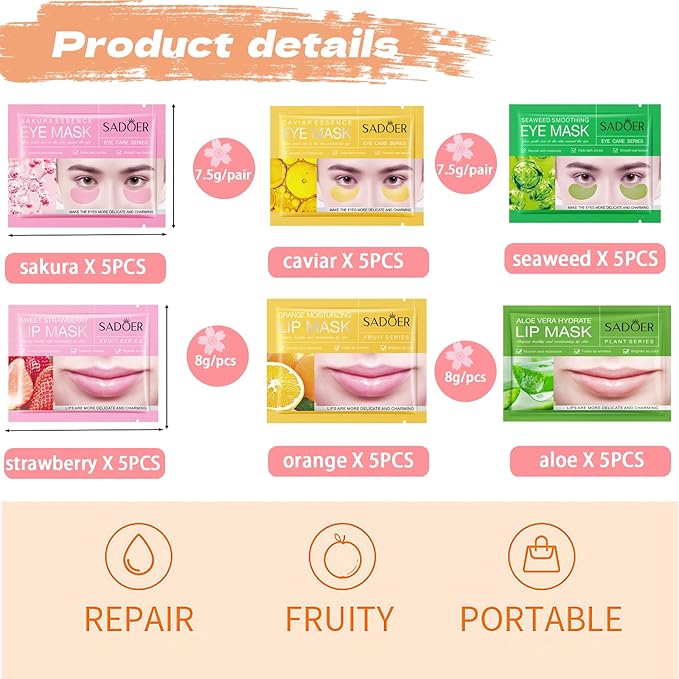 30 PCS Eye Masks & Lip Mask,Under Eye Patches for Reducing Fine Lines and Dark Circles,Gel Crystal Lip Care Pads Mask Bulk for Moisturizing, Spa or Wrinkles Patches for Women Mother's Day Gifts