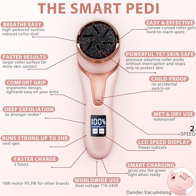 Electric Callus Remover for Feet (with Vacuum Cleaner), Rechargeable Foot Callus Remover Pedicure Tools Foot File, Professional Foot Care Kit Deadskin Remover with 3Heads&2Speed,LCD Display-Pink
