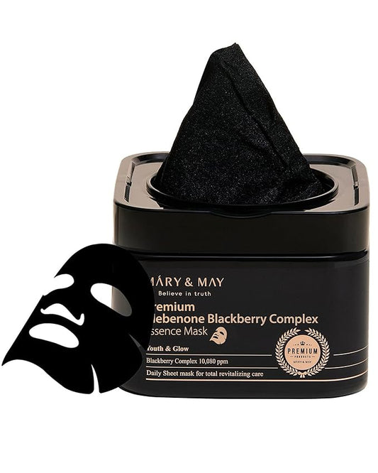 Mary&May Premium Idebenone Blackberry Complex Essence Mask - Quick Dispenser Type Anti Aging Korean Face Mask Sheet - Vitamin C, Panthenol, and Ceramide for Moisturizing and Radiant Skin, 20 Sheets