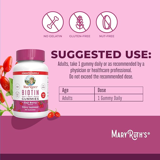 MaryRuth's Biotin Gummies | Sugar Free | Vegan | Non-GMO | 2,500 mcg Biotin Supplement | Hair Skin and Nails Vitamins | Hair Growth Vitamins | Hair Growth Supplement | 60 Count