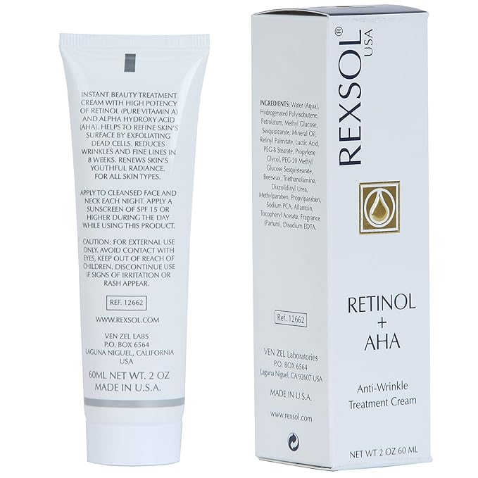 REXSOL Retinol + AHA Anti-wrinkle Treatment Cream | With pure Vitamin A and Vitamin E | Beeswax | Effectively diminishing fine lines & wrinkles, age spots & pigment.(60 ml / 2 fl oz)