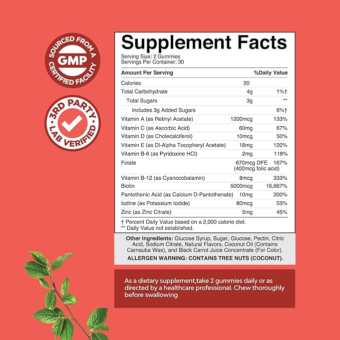 Natural Biotin Gummies for Hair Growth - Biotin Vitamins Hair Skin and Nails Gummies for Women and Men - Growth Vitamins Women with Pantothenic Acid