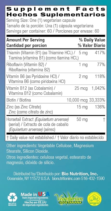 Bio Nutrition Healthy Hair Support with Biotin 60 Vegetarian Capsules | Stronger Hair | Thicker Hair | Promotes Hair Growth and Thickness | Blend with Complex B Vitamins and Minerals
