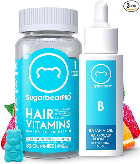 Sugarbear Batana Hair Oil & Glass-Dropper Applicator, 1oz + Vegan Hair Vitamin Gummies 1 Month Supply, Extra Strength Biotin 6000mcg