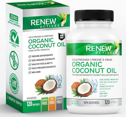 Renew Actives Coconut Oil Supplement 2000MG per 2 Softgels - Premium Source of Antioxidants, Natural Fatty Acids & Metabolism Support for Optimal Health & Energy - Made in Canada - 120 Softgels