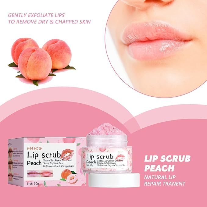 Lip Scrub, Lip Scrubs Exfoliator and Moisturizer with Lip Brush, Natural Gentle Lip Treatment, Peach Sugar Lip Scrub for Dry, Cracked and Dark Lips