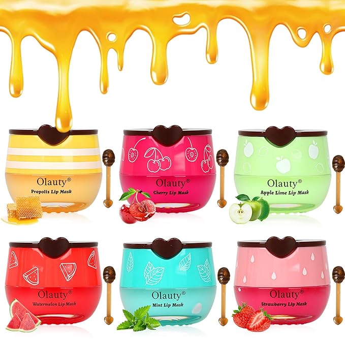6 PCS Bee Lip Balm Honey Pot, Honey & Strawberry & Watermelon & Apple Lime & Cherry & Mint Lip Sleeping Mask Overnight, Bee Lip Balm Honey Pot Hydrating Prevention Dry and Cracked Lip Scrubs (Set B)