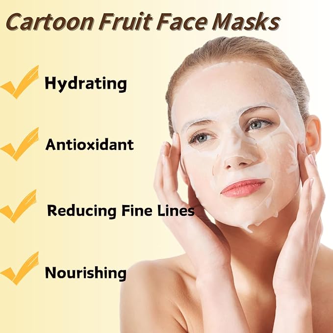 Hydrating Face Masks - Face Masks Skincare - Cartoon Fruit Face Mask Pack - Moisturizing, Antioxidant & Nourishing Facial Mask - Sheet Mask - Girls Easter Basket Stuffers (10PCS, Fruit)