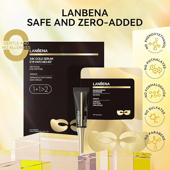 LANBENA Full-Around 24K Gold Eye Patches, Rapid Reduction Eye Essence, Visibly Reduces Under EyeBags, PuffyEyes, Wrinkles, Dark Circles, Fine Lines, EyeSkin Care Treatment Set (6 Pairs, 0.27 FL.OZ)
