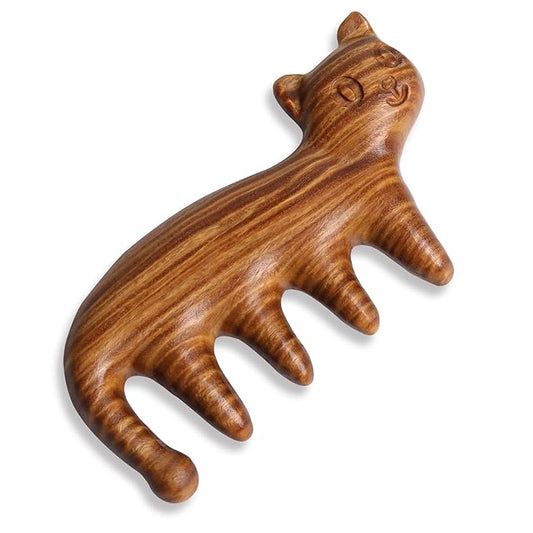 Natural Wood Wide Tooth Hair Comb Head Scalp Massage No Static Green Sandalwood Hair Pick Wooden Comb for Women Men Kids Hair Neck Hands Legs Caring Tool (Cute Cat)