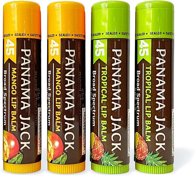Panama Jack Sunscreen Lip Balm - SPF 45, Flavor Pack, Broad Spectrum UVA-UVB Sunscreen Protection, Prevents & Soothes Dry, Chapped Lips (Mango/Tropical)