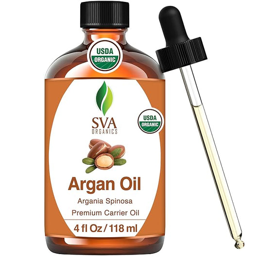 SVA Argan Oil Organic - 4 Fl Oz – 100% Natural Cold Pressed Organic Argan Oil - for Face, Skin Care, Hair Care, Scalp Massage & Body Massage – Carrier Oil with Dropper