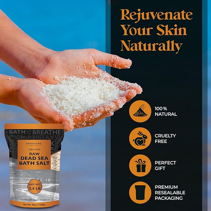 Aromasong All-Natural 2.43 Lb Raw Dead Sea Salt, Fine Medium Grain, Resealable Bulk Pack, Better Absorption & Leaves Your Skin Softer Than Epsom Salt (Packaging May Vary)