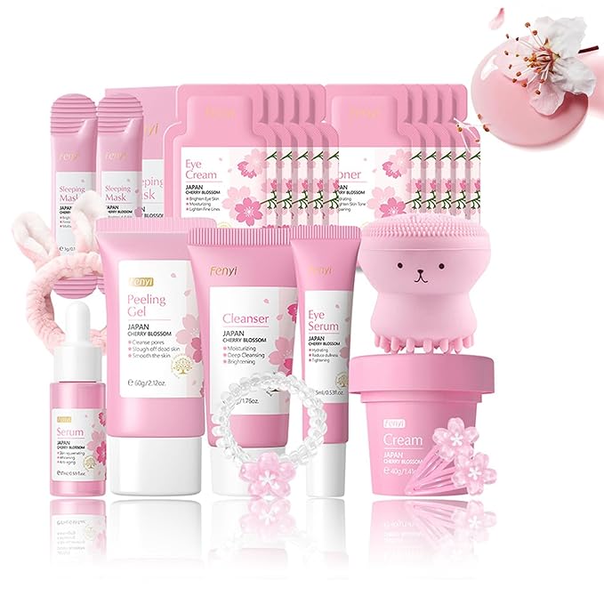 Skincare Gifts For Teenage Girls,Cherry Blossom Skincare Sets,Facial kit,Pamper Sets For Women Gifts,Skin Care Sets & Kits (One Size, Cherry Blossom-SetB-Exfoliating)