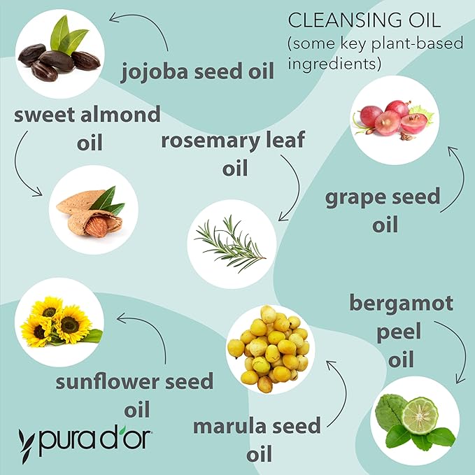 PURA D'OR 8 Oz Facial Cleansing Oil - Nourishing Botanical Blend with & Vitamin, Jojoba and Sunflower Oil - Gentle Makeup Remover & Deep Cleanser For Healthy, Glowing Skin - Paraben-Free Beauty