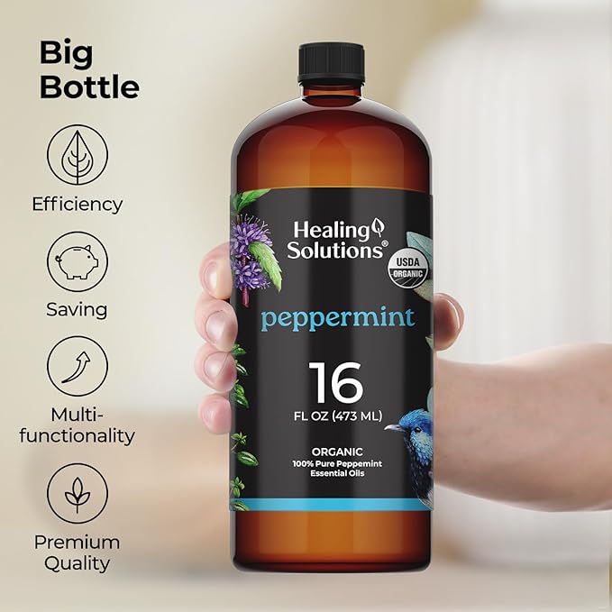 Healing Solutions Organic Peppermint Essential Oil Bulk 16oz - Large Organic Peppermint Oil Bottle for Hair, Spray & More - Peppermint Oil for House Cleaning - Peppermint Oil for Diffuser - Mint Oil