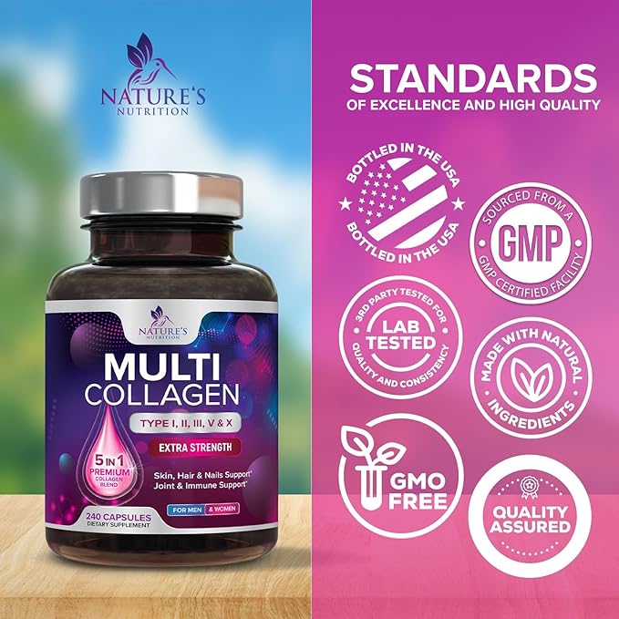 Collagen Peptides for Women & Men - Type I, II, III, V, X Multi Collagen Pills, Hydrolyzed Collagen Peptides Supplements, Nature's Hair, Skin, Nail, and Joint Support Supplement, Non-GMO, 240 Capsules