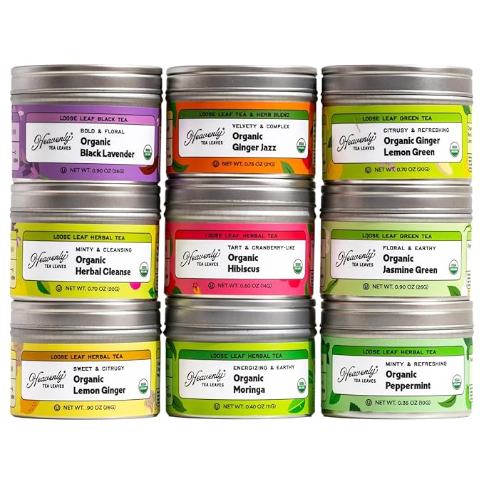 Heavenly Tea Leaves Organic Wellness Tea Sampler (Approx. 90 Servings of Tea), 9 Assorted Loose Leaf Teas & Herbal Tisanes - Great Hot or Iced, High & No Caffeine Teas, Mother's Day Gifts for Mom