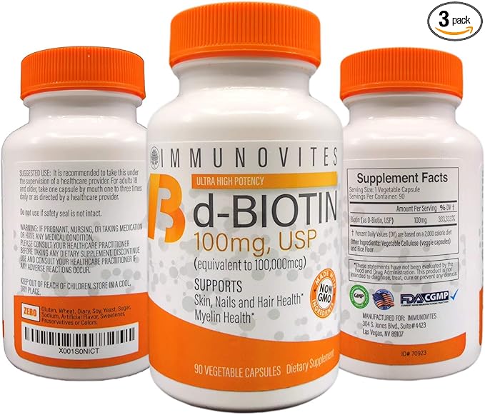 3-Pack High Dose Biotin (as d-Biotin, USP) 100mg (Equivalent to 100,000mcg) 90 Capsules, High Potency (3)