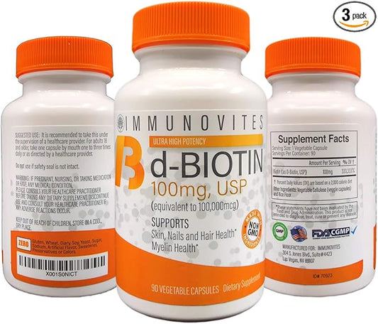 3-Pack High Dose Biotin (as d-Biotin, USP) 100mg (Equivalent to 100,000mcg) 90 Capsules, High Potency (3)