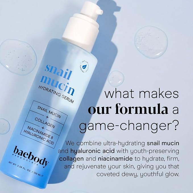 Baebody Snail Mucin Serum Moisturizer 3.38 fl.oz 100ml, Hydrating Serum for Face with Collagen - Snail Mucin Moisturizer for Youthful Smooth Skin