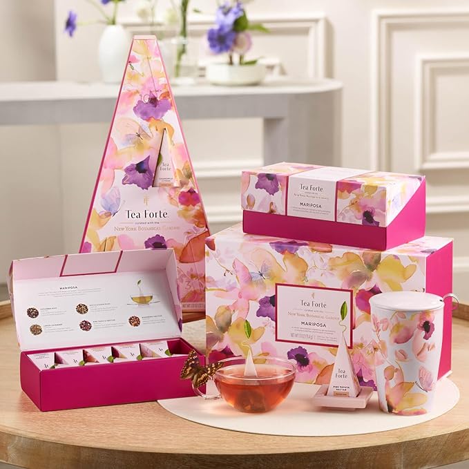 Tea Forte Mariposa Premium Tea Petite Presentation Box Tea Gift Sampler, 10 Count, 1 of Each Variety Individually Wrapped Handcrafted Pyramid Infuser Bags