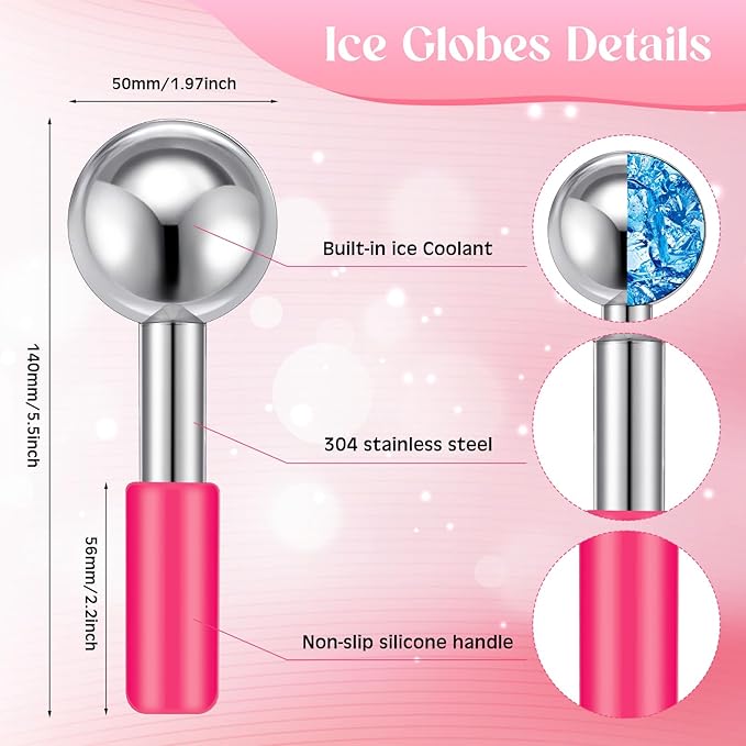 Baderke 2 Pcs Ice Globes for Face Stainless Steel Cooling Globes Unbreakable Cooling Roller Women Ice Balls Cryo Sticks Face Skin Care for Dark Circles, Puffiness(Silver (pink Handle))