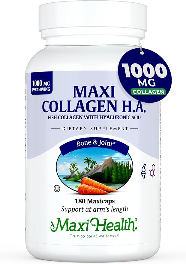 Maxi Health Collagen with Hyaluronic Acid Capsules - 1.5X More Efficient Absorption - Kosher Type I Hydrolyzed Marine Collagen Capsules Hyaluronic Acid Supplements for Hair, Skin, 180 Count