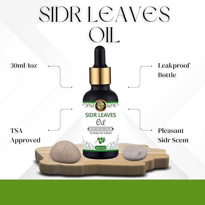 Sidr Leaves Oil -100% Natural Sidr Jujube Leaves, Infused w/Olive Oil- Promotes Healing For Body, Hair & Beard/For Ruqaiya/Skin Care, Dry Scalp, Frizzy, Strengthening- Non-GMO - 30ml