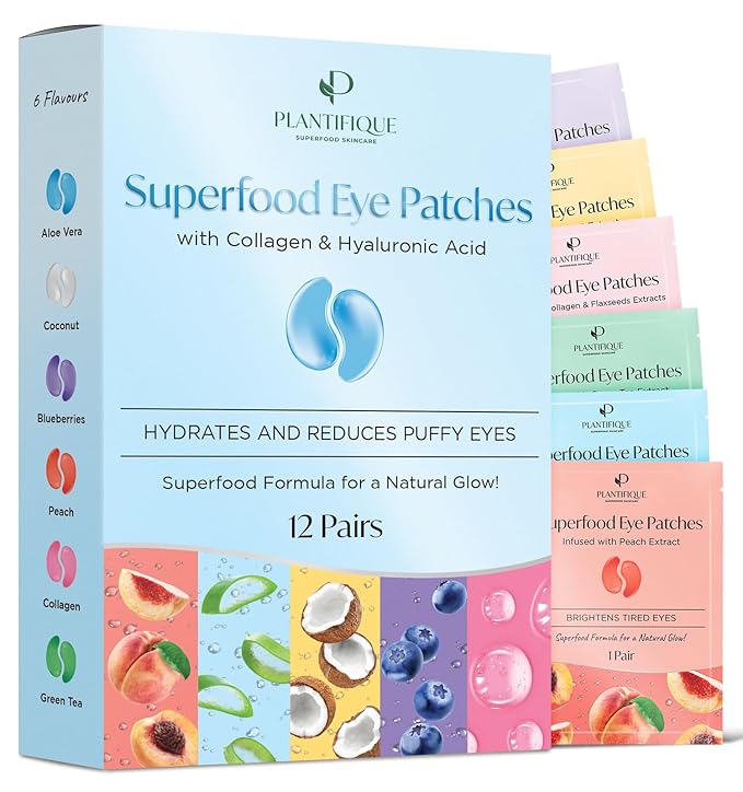 PLANTIFIQUE Superfood Under Eye Patches Dark Circle 12 Pairs and Jojoba Oil & Hyaluronic Acid Face Serum for Gua Sha Massage with Vitamin C, E Niacinamide for Glowing Skin