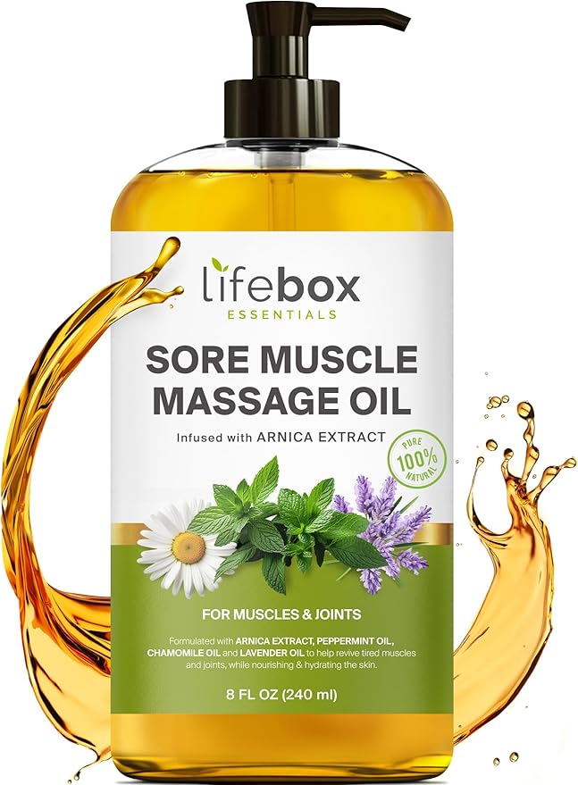 Arnica Sore Muscle Massage Oil – 100% Pure & Natural - Massage Therapy for Muscles & Joints – Body Oil Infused with Arnica Extract, Lavender Oil, Peppermint Oil & Chamomile Oil – 8 FL OZ