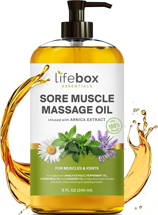 Arnica Sore Muscle Massage Oil – 100% Pure & Natural - Massage Therapy for Muscles & Joints – Body Oil Infused with Arnica Extract, Lavender Oil, Peppermint Oil & Chamomile Oil – 8 FL OZ