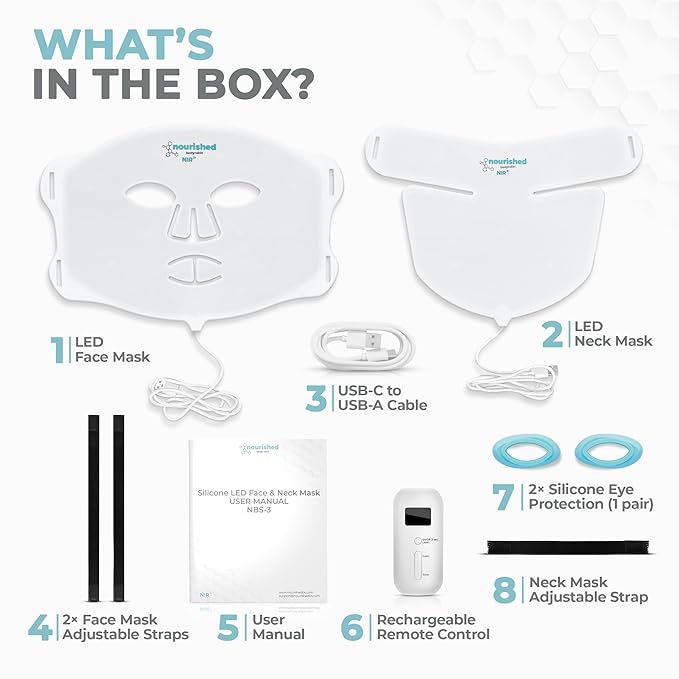 LED Face and Neck Mask with Near-Infrared - Blue, Red Light Therapy for Face - 228 LEDs - Skincare Tool for Wrinkles, Anti-Aging