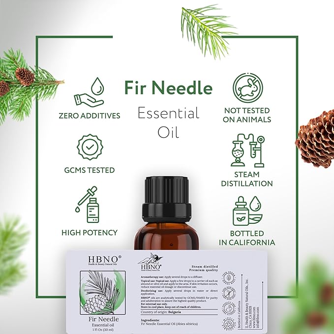 HBNO Fir Needle Essential Oil - 1 oz (30ml) Travel Size - Natural Fir Needle Oil - Perfect for Cleaning, Aromatherapy, DIY, Soap & Diffuser - Pine Needle Essential Oils