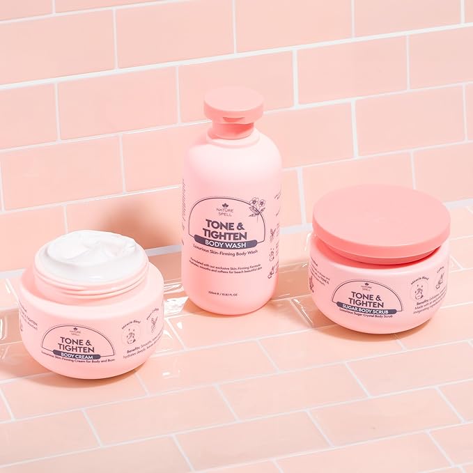 Nature Spell Tone & Tighten Skin Firming Gift Set – Body Wash, Sugar Body Scrub, & Body Cream - Skin-Firming Trio Infused with Hyaluronic Acid, Ginseng Extract & Plant Collagen