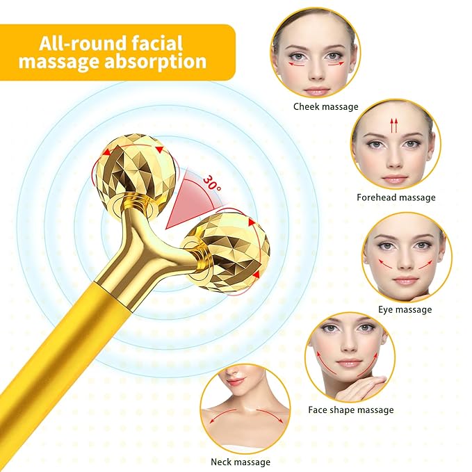 Face Massager Electric Skin Care Tool, 24k Golden T Shape Beauty Bar & 3D Roller Massager, Vibration Facial Lifting and Body Treatment Tool Kit, Reduce Puffiness Improve Wrinkles Anti Aging Device