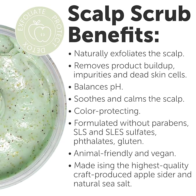 Apple Cider & Sea Salt Green Scalp Scrub Sulfate-Free | 10% AHA & BHA | Exfoliating Hair & Scalp Treatment for Detox, Dandruff & Build-Up | Scalp Exfoliator Hair Scalp Scrub | Refreshing ( 16 Fl Oz )