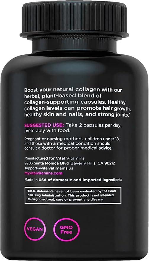 Vital Vitamins Vegan Collagen Booster - Plant-Based Collagen Supplements - Supports Hair, Skin, Nails & Joints - with Hyaluronic Acid - 60 Capsules