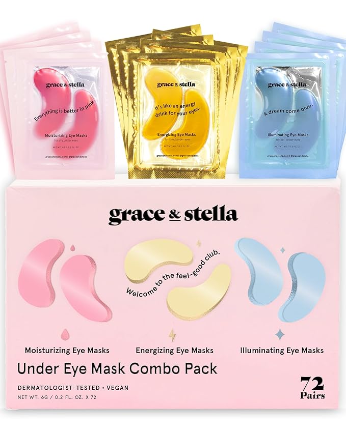 Under Eye Mask - Reduce Dark Circles, Puffy Eyes, Undereye Bags, Wrinkles - Gel Under Eye Patches, Vegan Cruelty-Free Self Care by grace and stella (72 Pairs, GoldPinkBlue)24 Pair (Pack of 3)