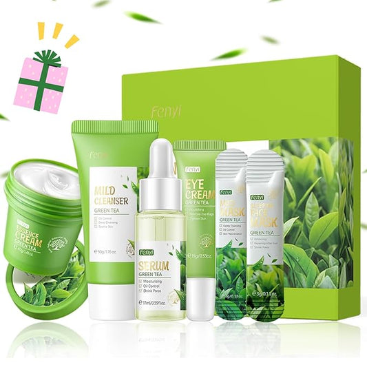 Green Tea Skincare Set, Organic Skin Care Kits Gift Set for Women/Girls, Facial Skincare Routine Kit with Cleanser, Toner, Serum, Cream, Lotion, Eye Cream, Hydrated Skincare Starter Beauty Gift Set