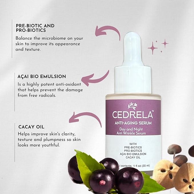 Cedrela Anti-aging Serum Day Night Anti-wrinkle prebiotics probiotics Naturak bakuchiol acai bio emulsion cacay oil plumps skin antioxidant vegan paraben-free 1 oz Suero antiedad probioticos