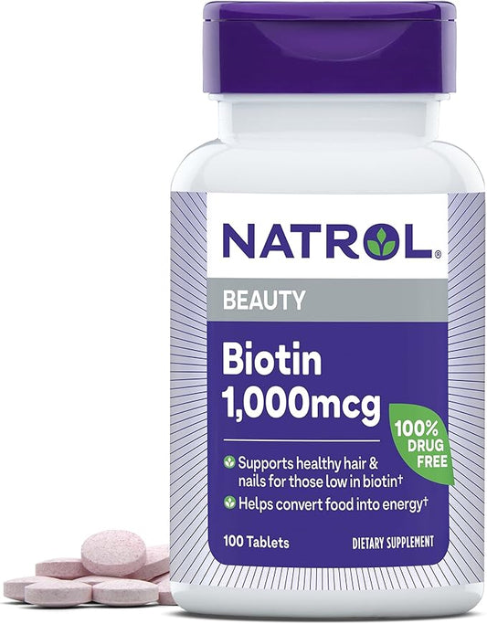Natrol Beauty Biotin 1000mcg, Dietary Supplement for Healthy Hair, Skin, Nails and Energy Metabolism, 100 Tablets, 100 Day Supply