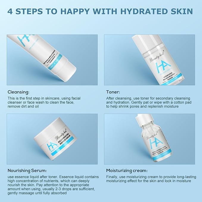 4-Piece Hydrating Skin Care Set Hyaluronic Acid Moisturizing Travel Kit – Facial Cleanser, Refreshing Toner, Nourishing Serum & Moisturing Cream – Gentle & Moisturizing for All Skin Types