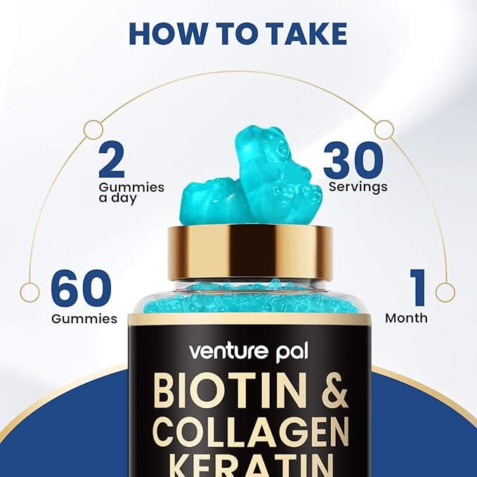 Venture Pal Biotin Gummies with Collagen & Keratin - Hair Growth Support Skin and Nail Strength Vitamins for Women & Men - Biotin 10000mcg | B-Complex | Saw Palmetto - Sugar Free, Non-GMO, 60ct
